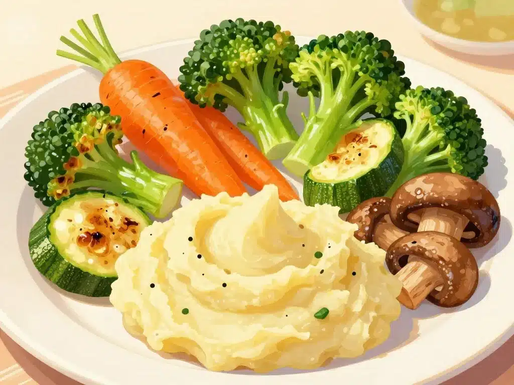 accompagnement purée avec légumes colorés pour repas frais