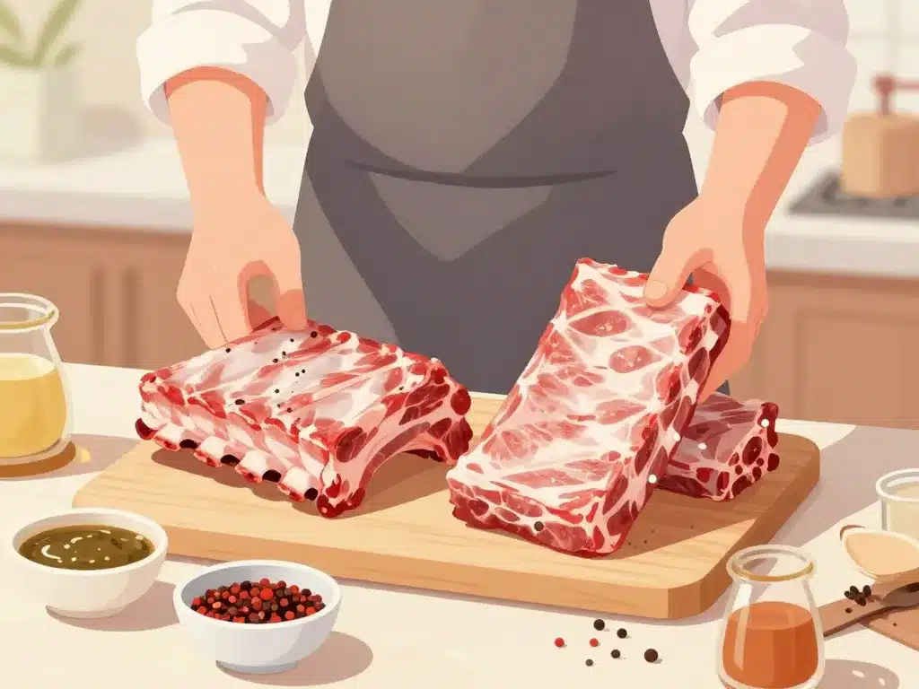 Sélection et préparation travers de porc chez le boucher