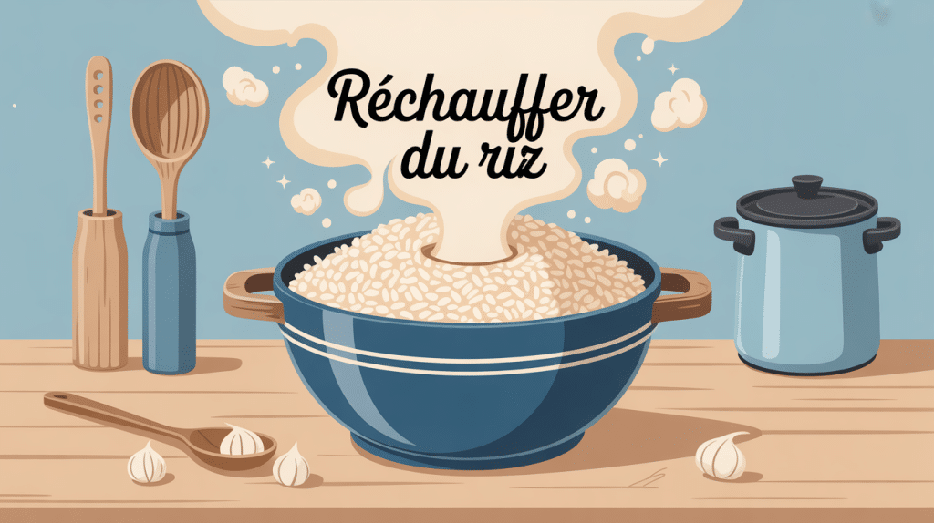Image stylisée d’un bol de riz fumant illustrant comment réchauffer du riz