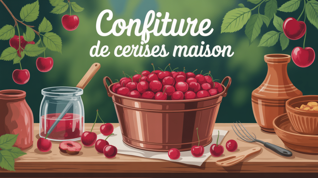 illustration confiture de cerises maison sur table campagne