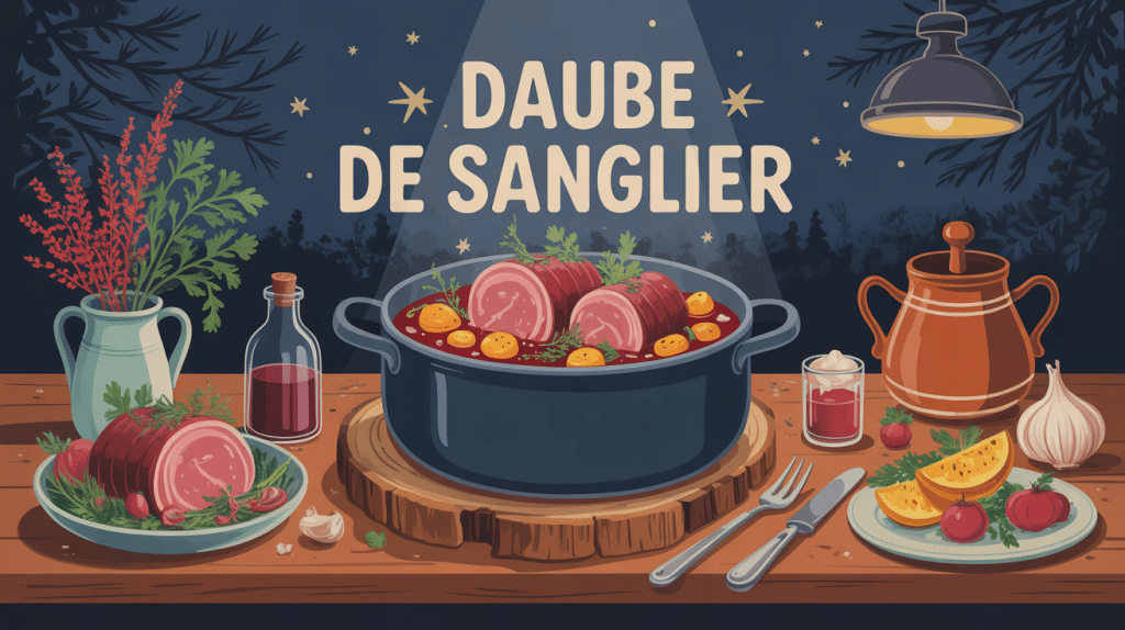 daube de sanglier mijotée servie en cocotte ambiance hivernale