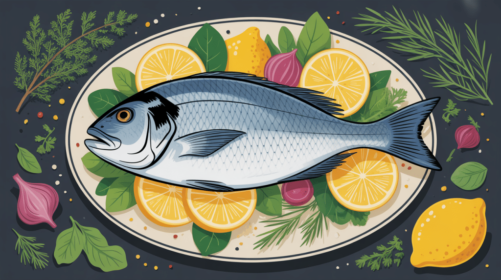 dorade au four sur plat avec citron herbes et légumes méditerranéens