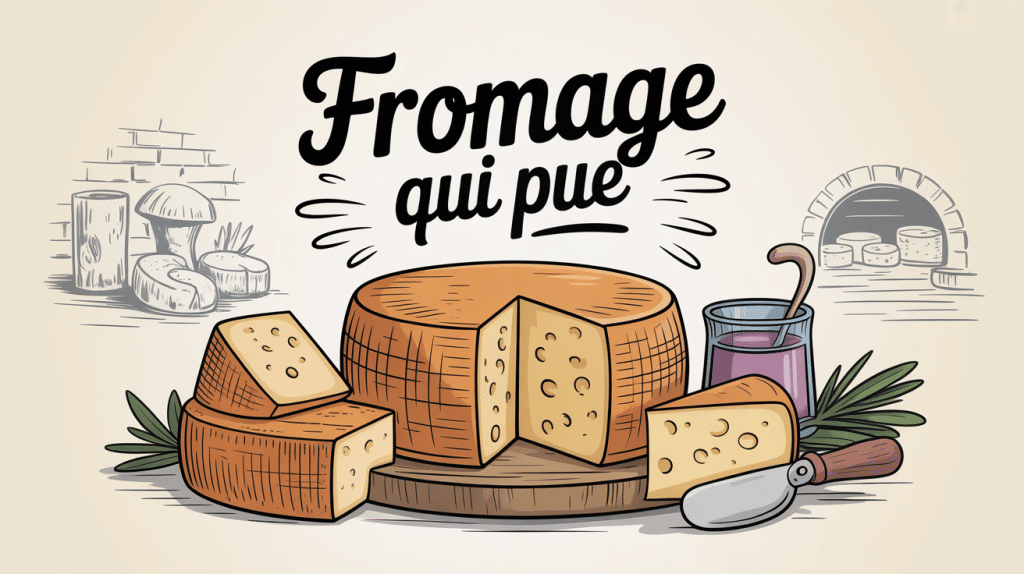 illustration fromage qui pu table rustique et effluves