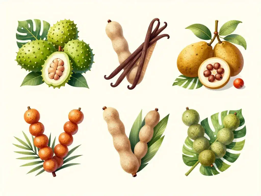 fruits en v exotiques sur fond tropical