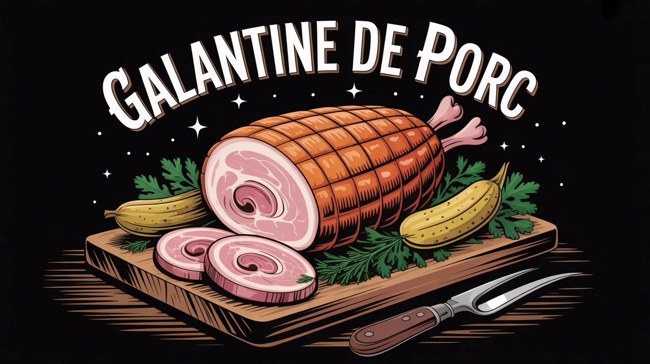 galantine de porc artisanale, tranchée, présentée avec cornichons