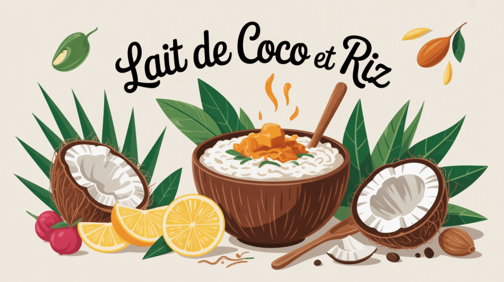 lait de coco et riz stylisés avec épices et fruits tropicaux