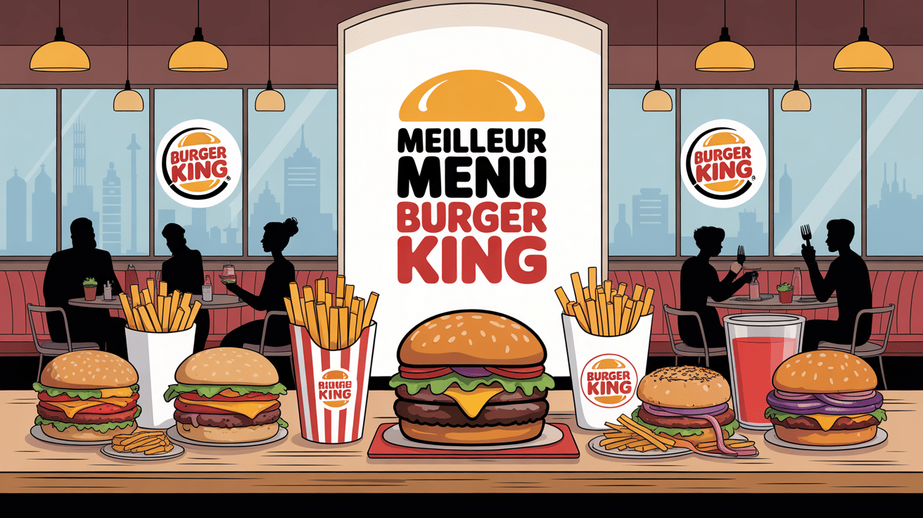 illustration colorée meilleur menu burger king table remplie de burgers frites boissons