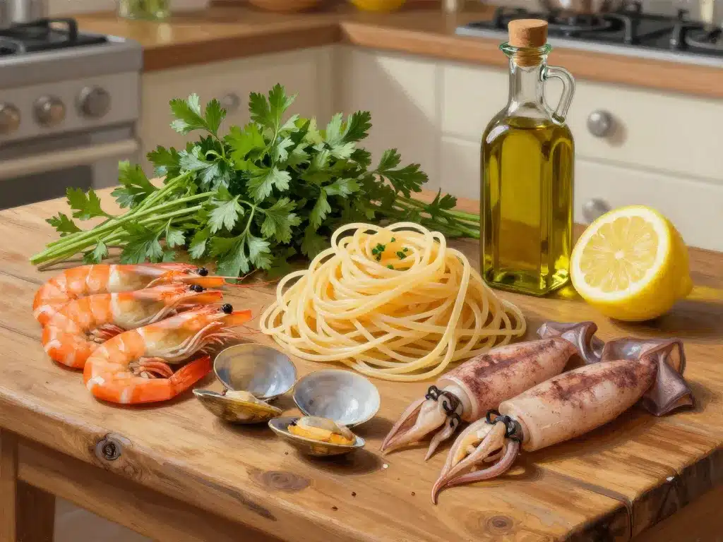 ingredients frais pour pates aux fruits de mer