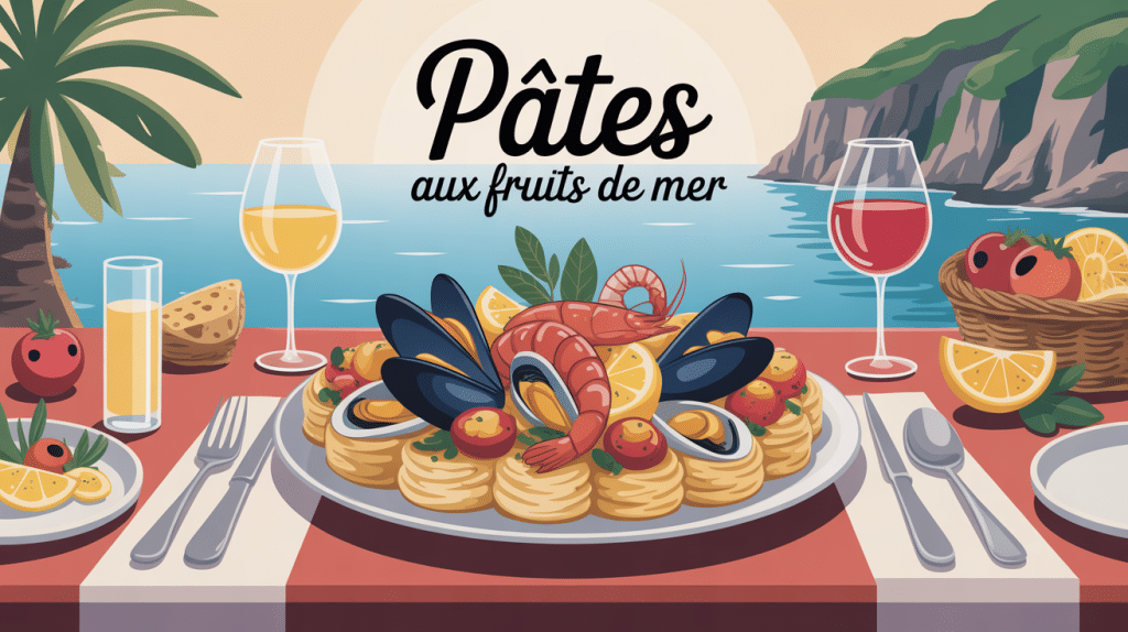 grand plat de pates aux fruits de mer sur table mediterraneenne