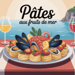 grand plat de pates aux fruits de mer sur table mediterraneenne