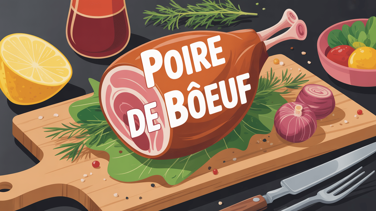 Poire de boeuf sur planche en bois, herbes et garnitures françaises