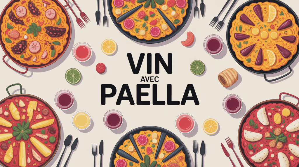 Illustration table festive paella et vins, quel vin avec paella