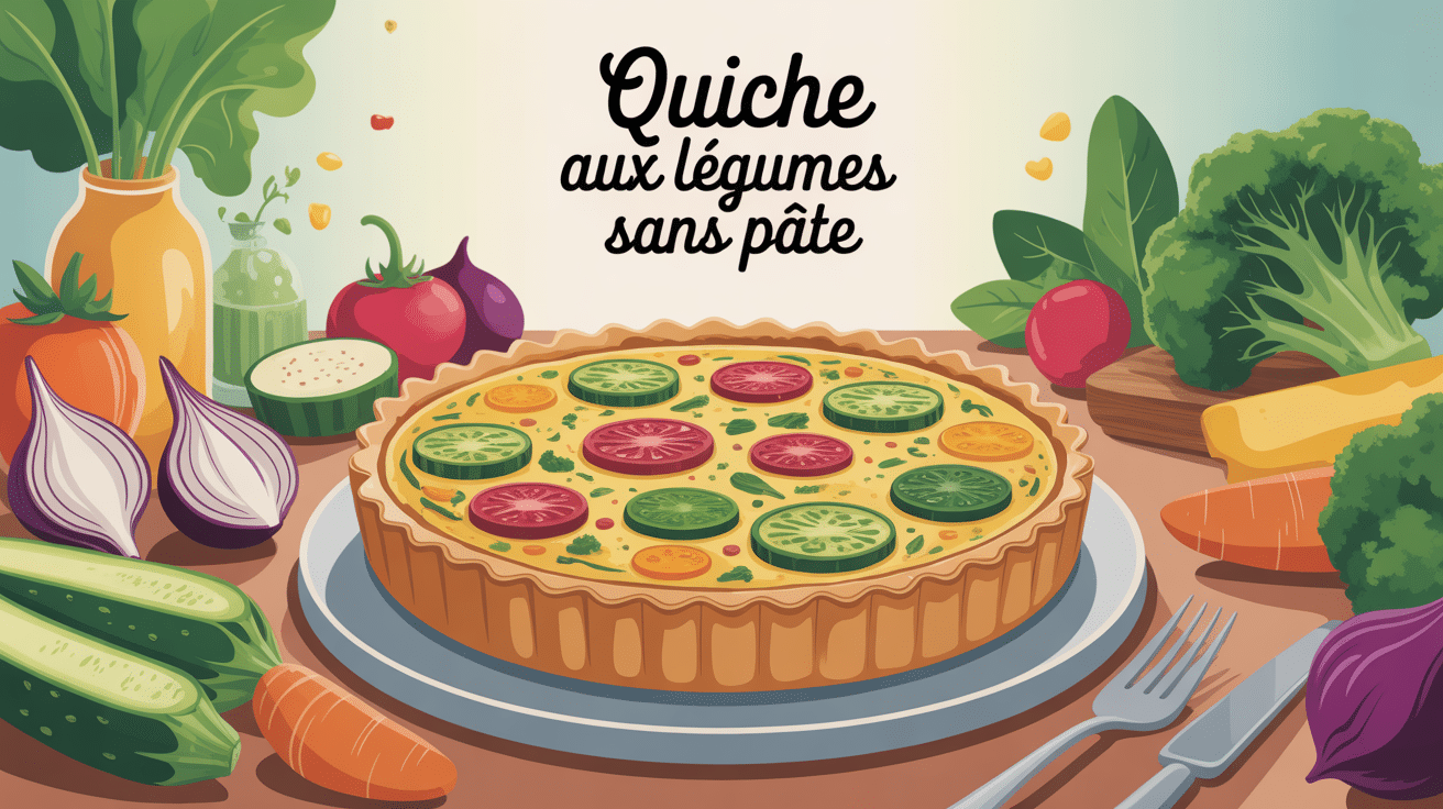 quiche aux légumes sans pâte sur table entourée de légumes frais