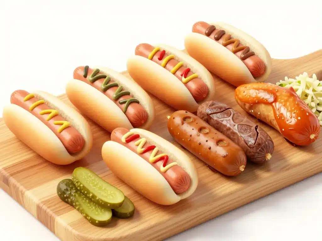 différents types saucisse pour hot dog sur planche