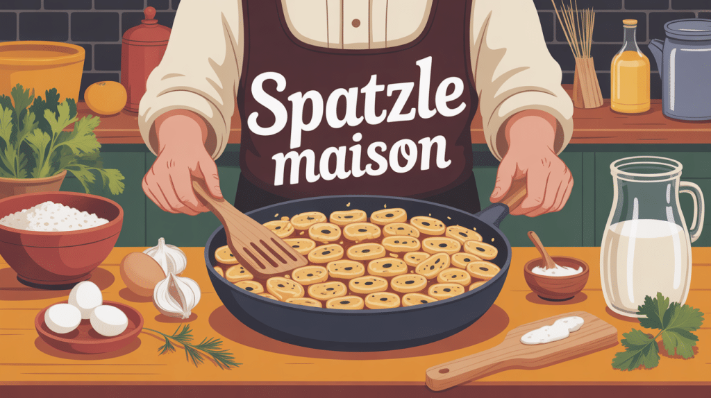 spatzle maison dans un saladier, ingrédients authentiques en arrière-plan