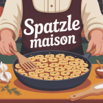 spatzle maison dans un saladier, ingrédients authentiques en arrière-plan