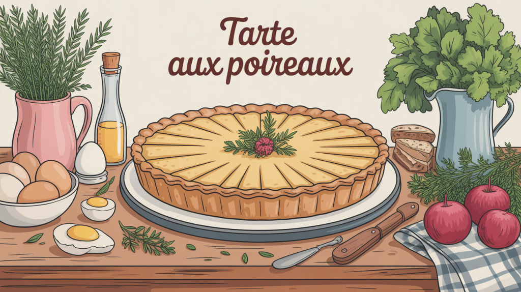 Tarte poireaux dorée avec ingrédients frais