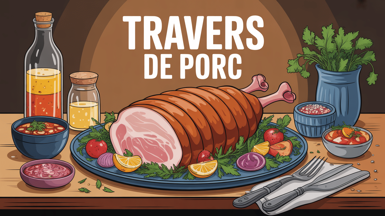 Travers de porc caramélisés présentés avec accompagnements