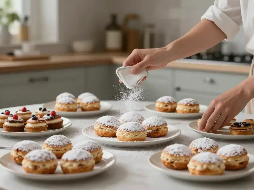 Sucre glace saupoudré sur pâtisseries en cuisine