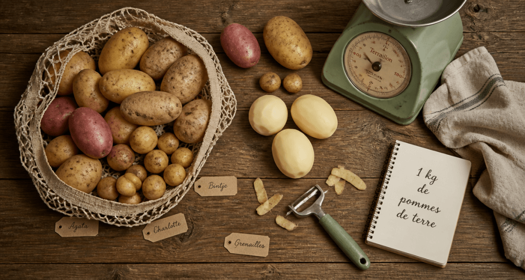 1 kg de pommes de terre sur plan de travail avec variétés