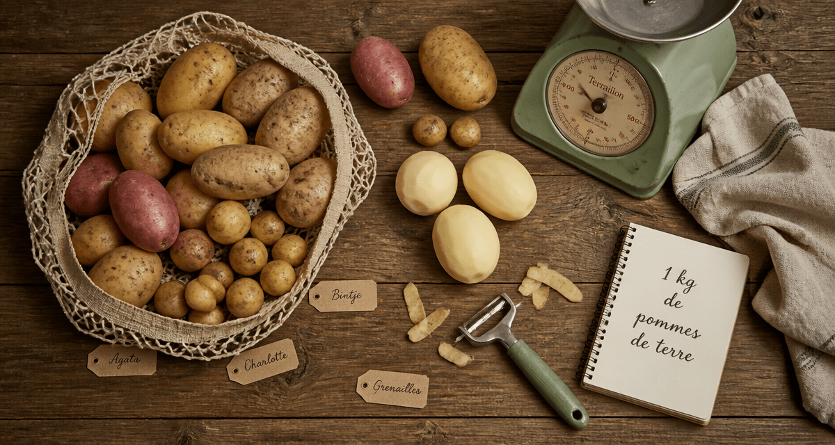 1 kg de pommes de terre sur plan de travail avec variétés