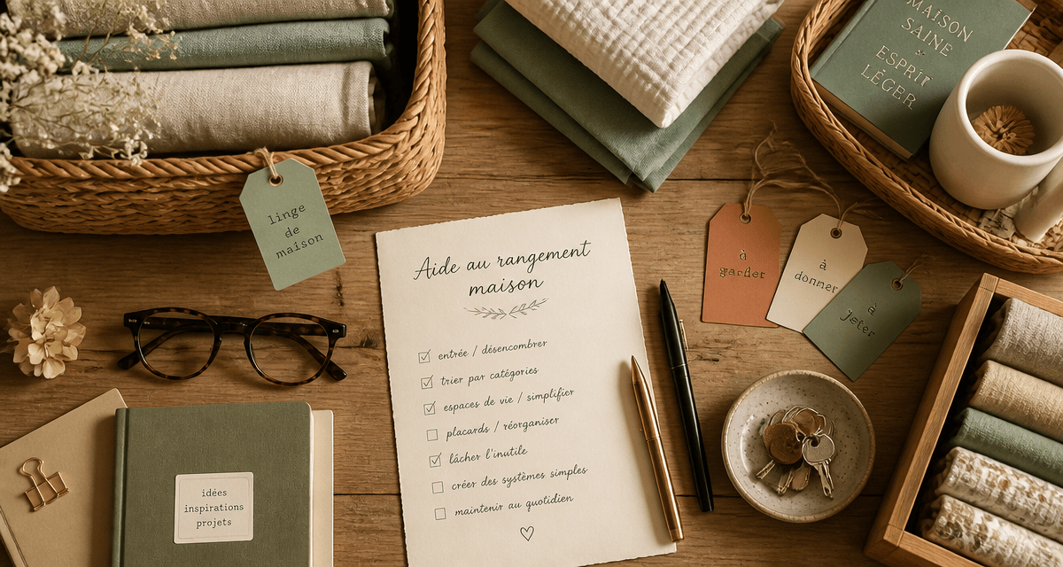Aide rangement maison avec paniers et checklist