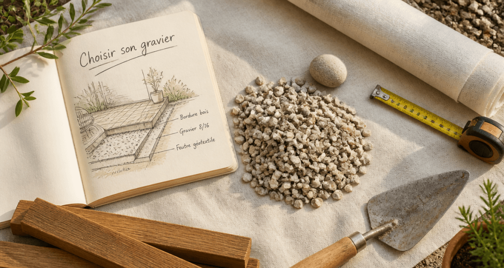 allintitle:quel gravier pour terrasse sur plan de travail, outils et échantillons