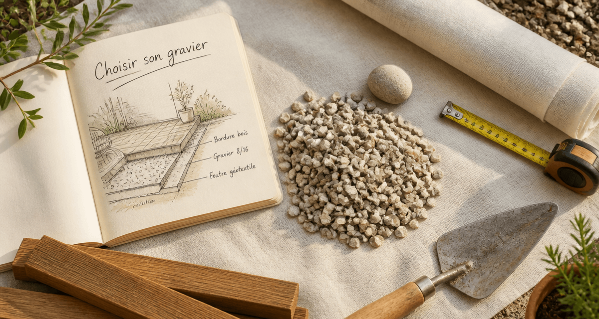 allintitle:quel gravier pour terrasse sur plan de travail, outils et échantillons