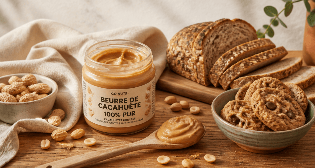 beurre de cacahuete sans sucre sur table avec pain et cookies