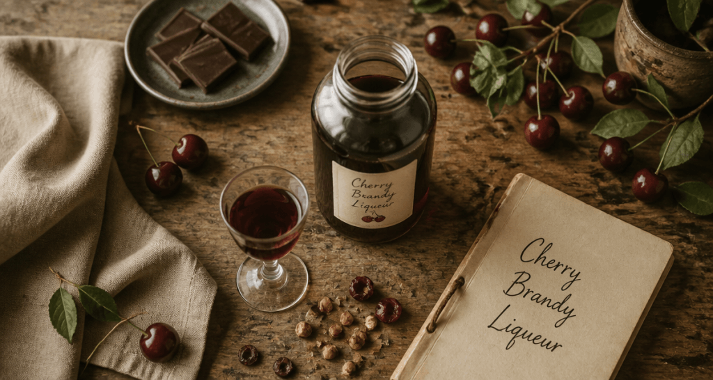 cherry brandy liqueur artisanale avec griottes et verre