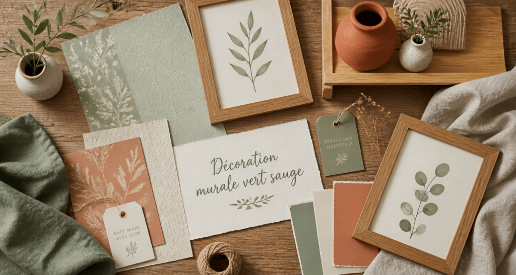 Décoration murale vert sauge avec objets déco et textures naturelles