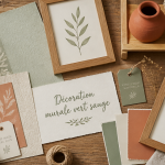 Décoration murale vert sauge avec objets déco et textures naturelles