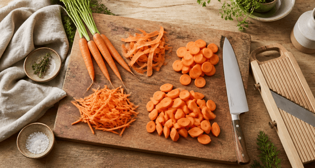 Émincer carotte en rondelles, julienne, sifflets sur planche