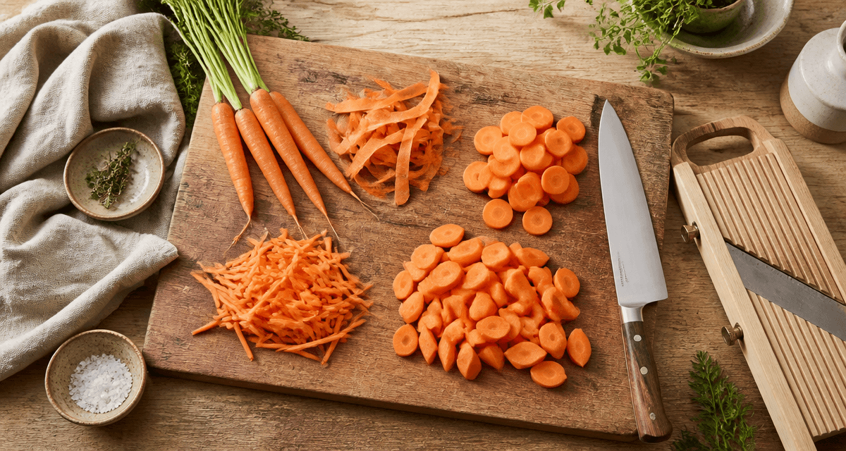 Émincer carotte en rondelles, julienne, sifflets sur planche