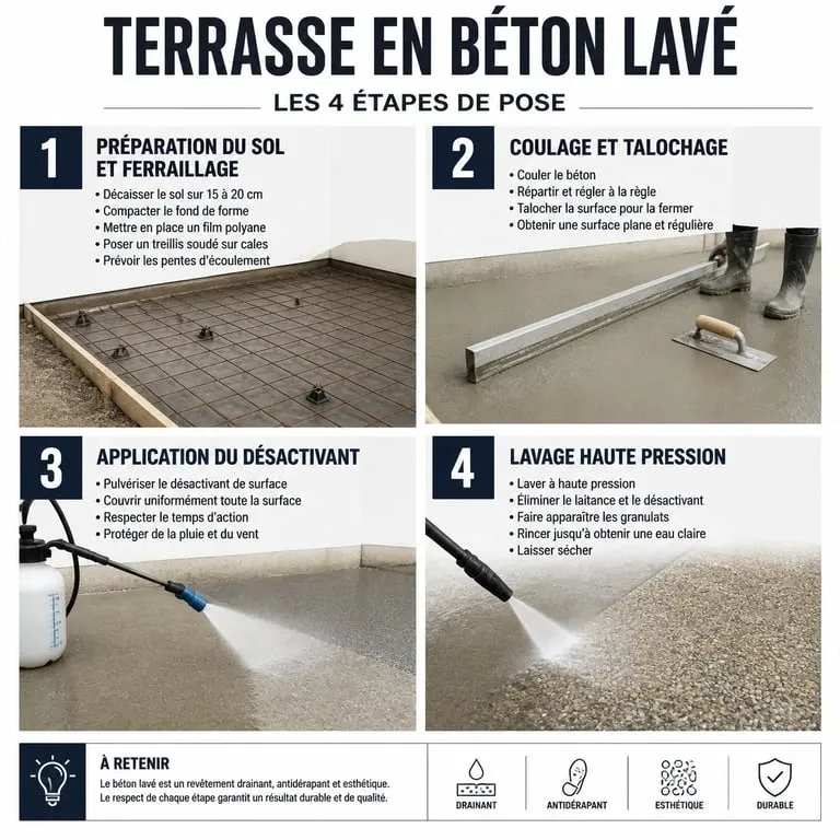 Étapes de réalisation d'une terrasse en béton lavé