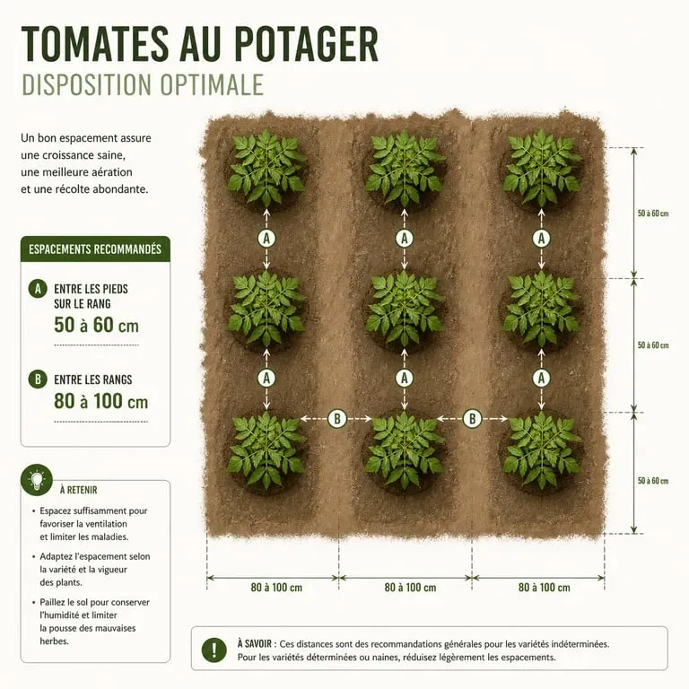 Schéma des distances de plantation entre les pieds de tomates pour un potager sain