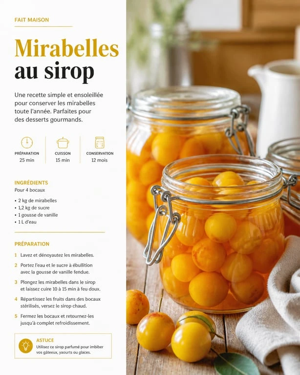 Bocaux de mirabelles au sirop sans stérilisation prêts pour la conservation