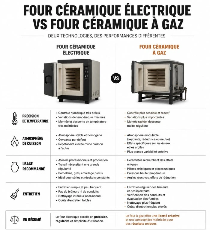 Infographie comparative des fours céramiques électriques et à gaz pour choisir son équipement de poterie