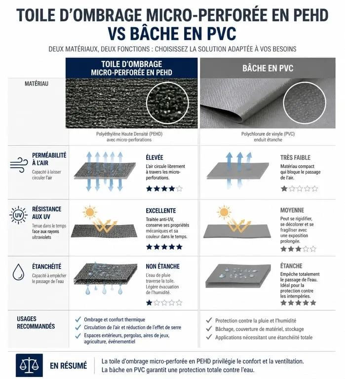 Infographie comparative des bâches d'ombrage en PEHD et PVC pour choisir la protection solaire idéale