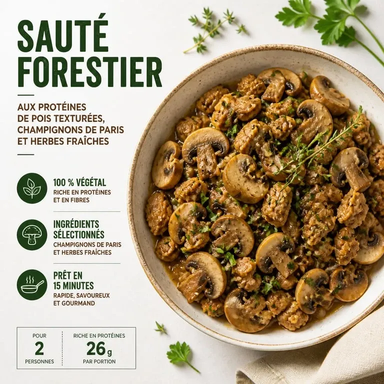 Sauté forestier aux protéines de pois texturées dans une assiette