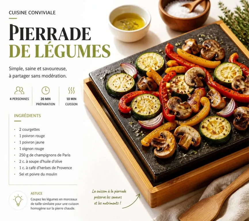Pierrade de légumes colorés et sains cuits sur une pierre chaude pour un repas convivial
