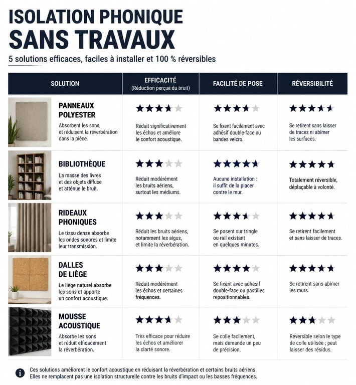Infographie comparative des solutions d'isolation phonique mur chambre sans travaux
