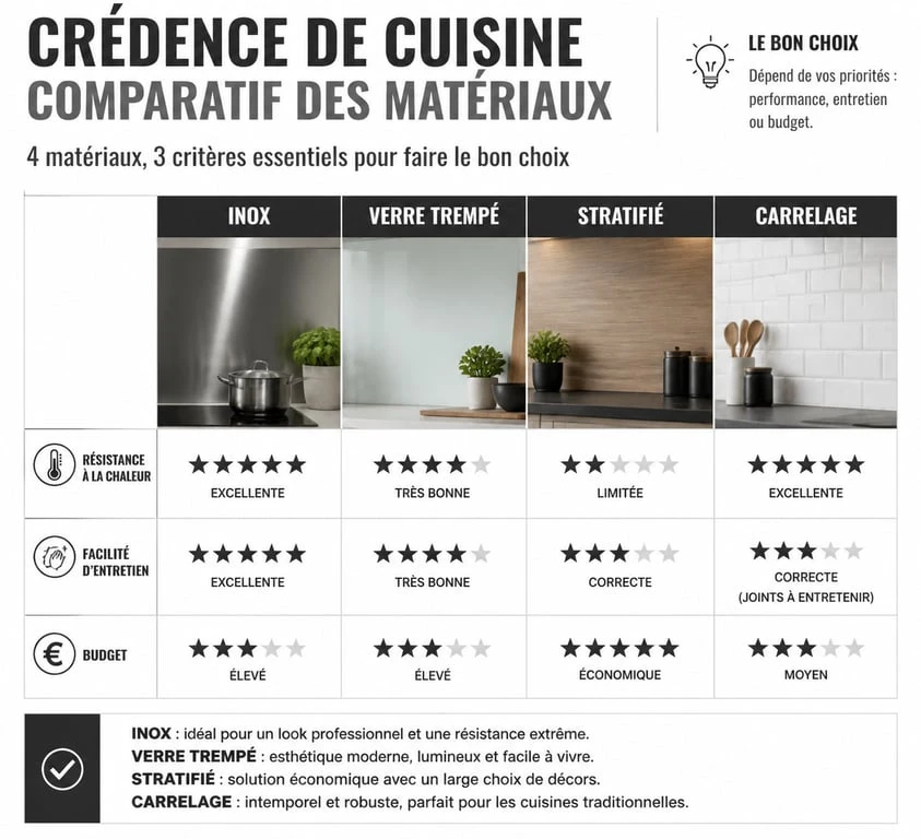 Infographie comparative des matériaux pour choisir sa crédence de cuisine