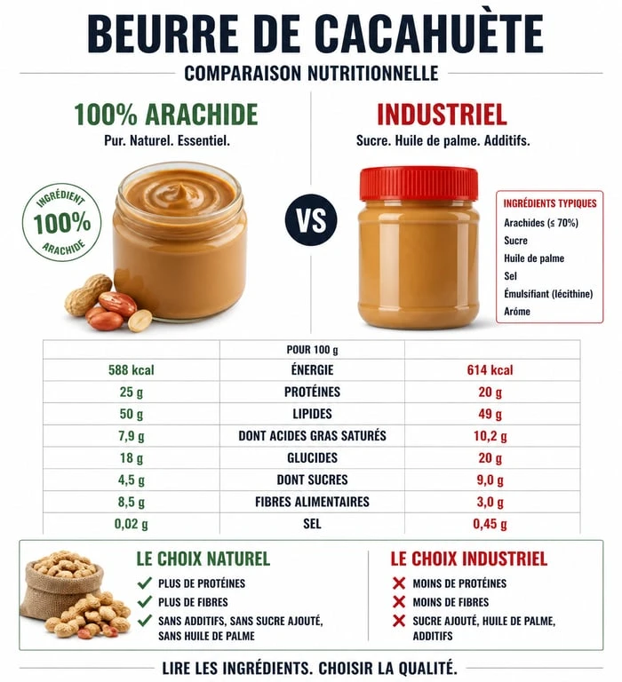 Infographie comparative des bénéfices nutritionnels du beurre de cacahuète sans sucre ajouté
