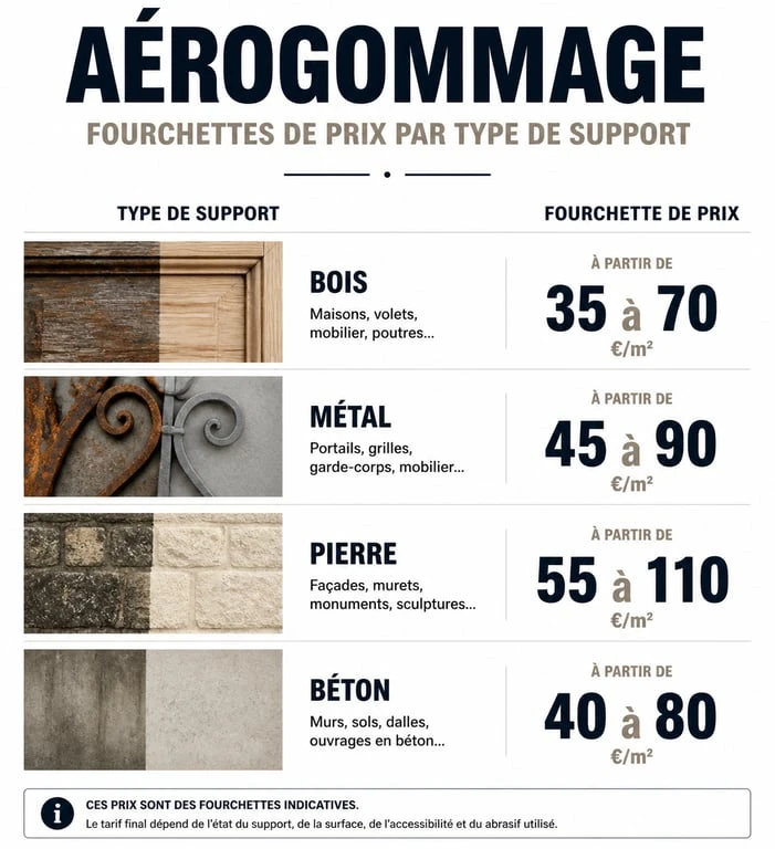Tableau comparatif des prix de l'aérogommage au m2 par type de support