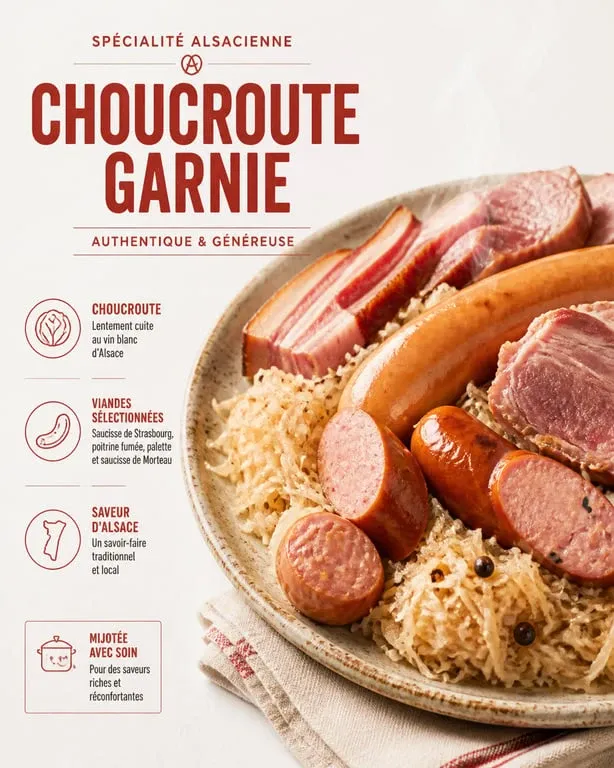 Choucroute garnie traditionnelle sur assiette pour illustrer comment réchauffer la choucroute