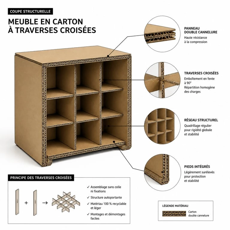 Schéma technique d'une structure de meuble en carton avec traverses croisées pour la formation meubles en cartons