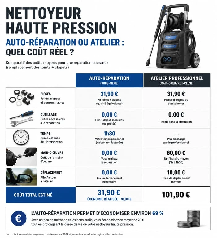 Comparatif des coûts de réparation pour un nettoyeur haute pression : auto-réparation versus atelier professionnel.