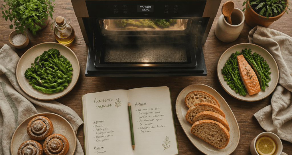 fonctionnement four vapeur avec cuisson légumes saumon pain
