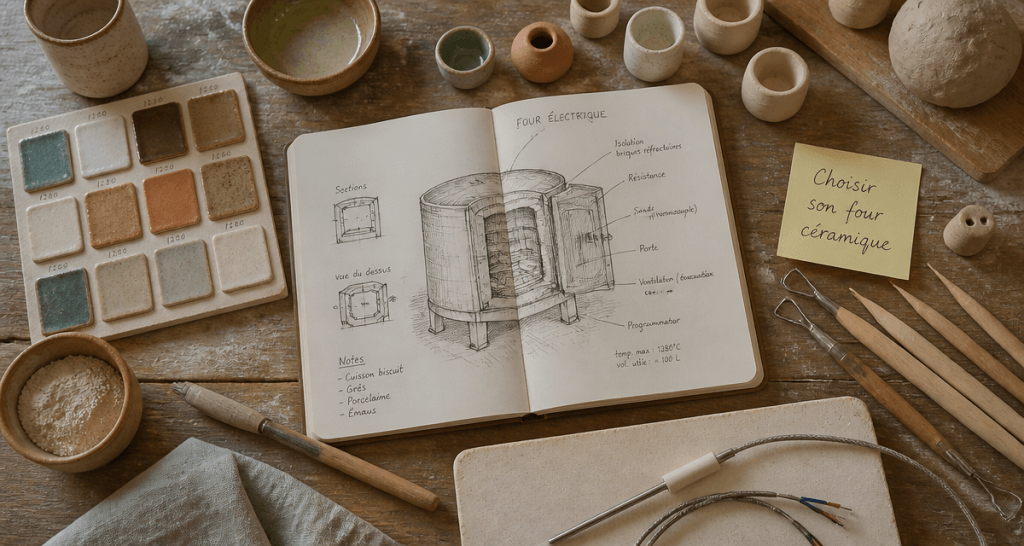 Plan de travail potier avec four ceramique carnet outils